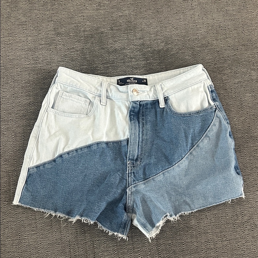 Hollister Two-Tone Patchwork Denim Shorts — Light Blue & Medium Blue